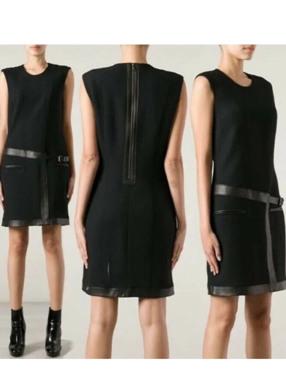 Helmut Lang Black Sleeveless Wool Dress with Lamb Leather Trim